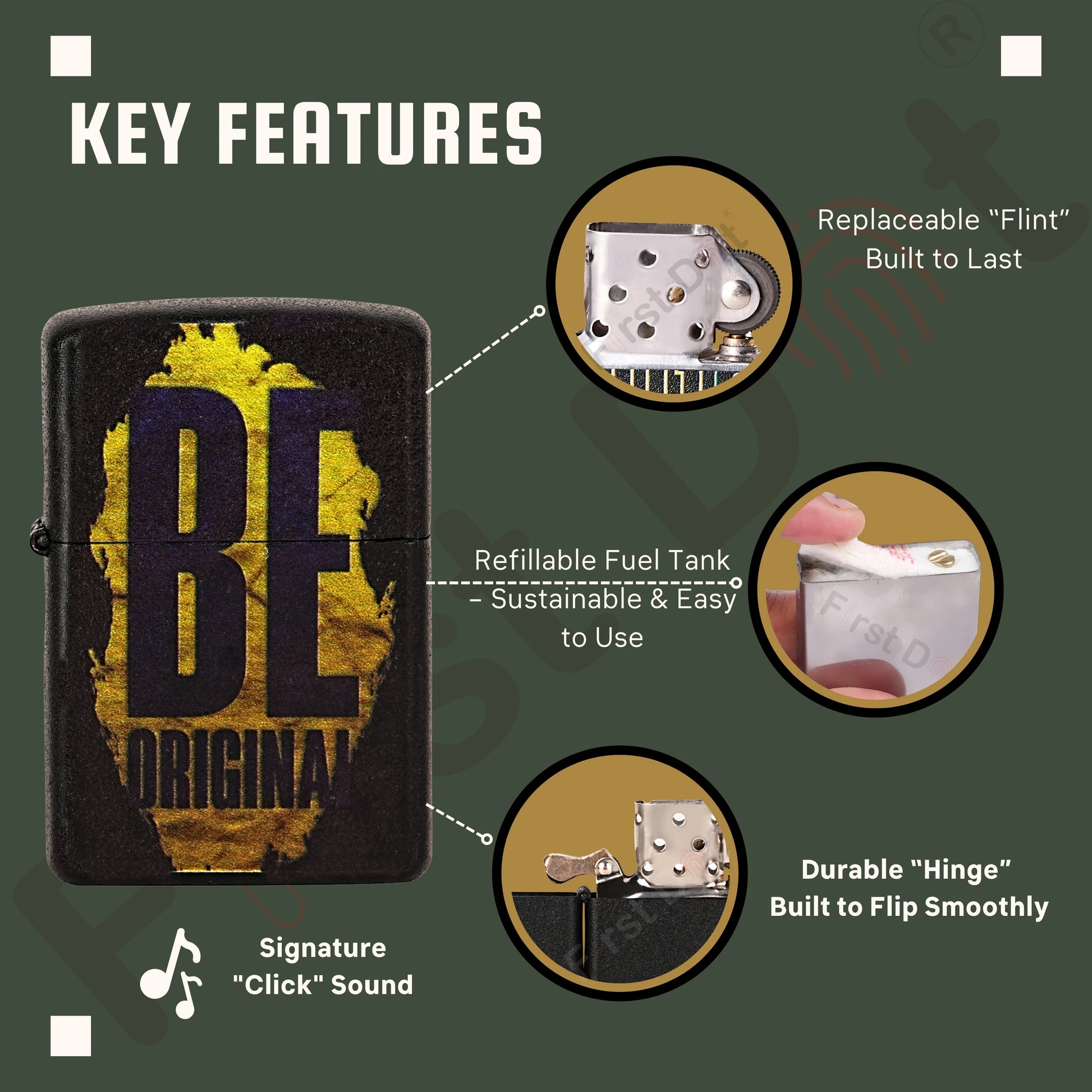 Lighter with key features highlighted on a green background Be Original Premium Refillable Cigarette Lighter – powered by liquid fuel, strong flame, sleek design, and made to stand out with every spark.