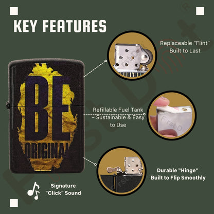 Lighter with key features highlighted on a green background Be Original Premium Refillable Cigarette Lighter – powered by liquid fuel, strong flame, sleek design, and made to stand out with every spark.