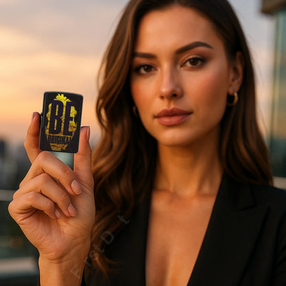 Woman holding a Be Original Premium Refillable Cigarette Lighter – powered by liquid fuel, strong flame, sleek design, and made to stand out with every spark. with 'B Original' branding against a blurred outdoor background