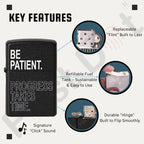 First dot lighter with key features highlighted on a white background Be Patient Premium Refillable Cigarette Lighter
