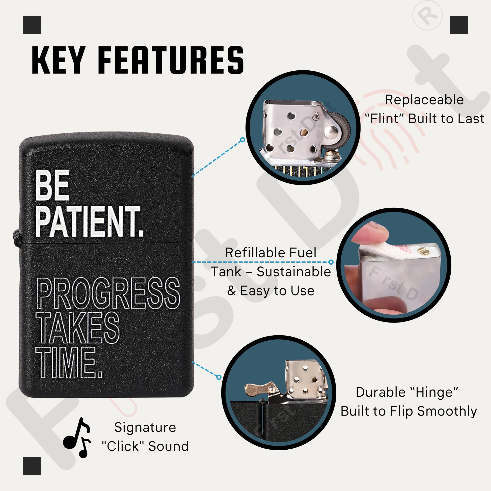 First dot lighter with key features highlighted on a white background Be Patient Premium Refillable Cigarette Lighter