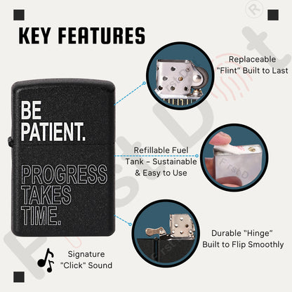 First dot lighter with key features highlighted on a white background Be Patient Premium Refillable Cigarette Lighter