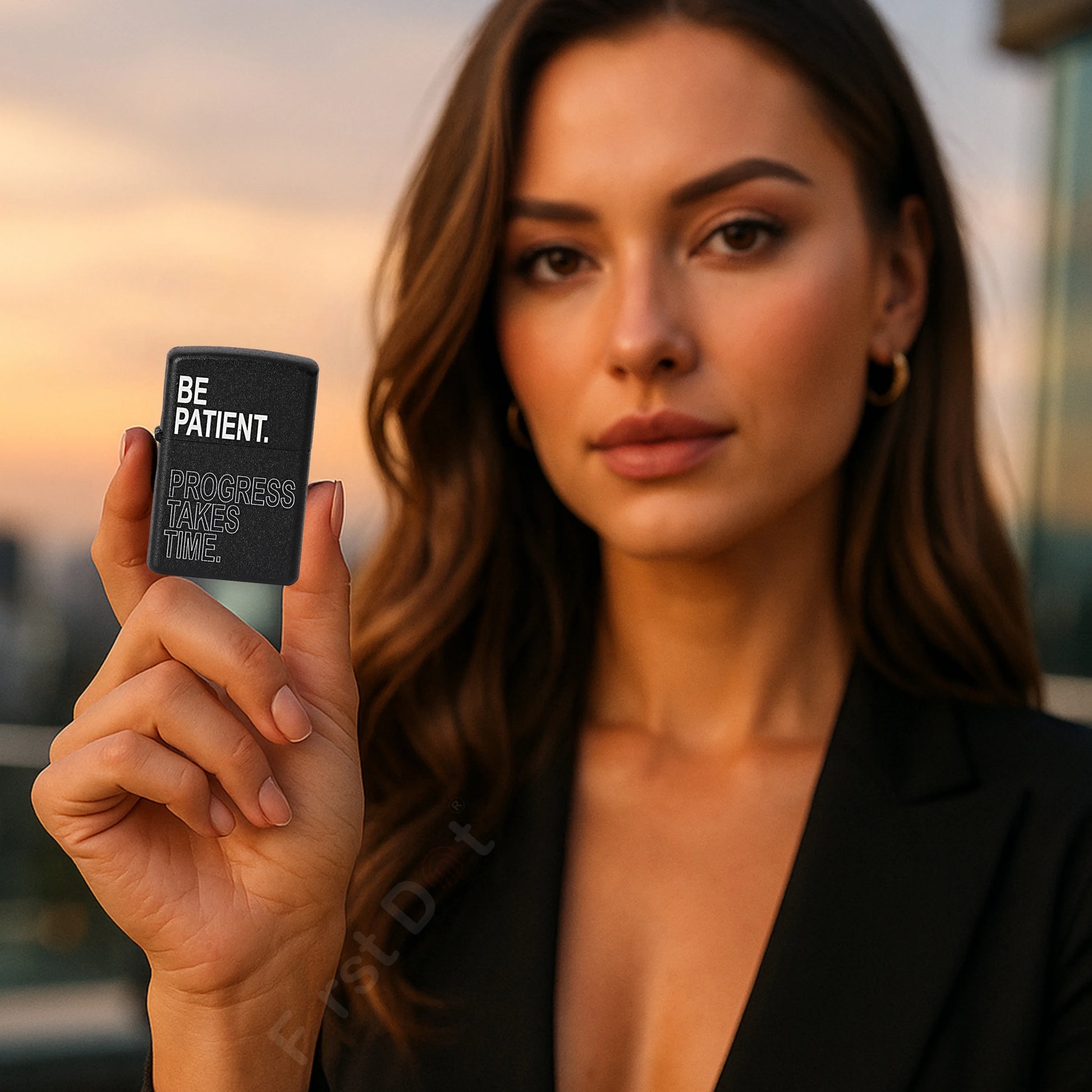 Woman holding a Be Patient Premium Refillable Cigarette Lighterwith 'Be Patient. Progress Takes Time' text against a blurred outdoor background.