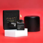 Black lighter with 'First Dot' packaging on a red background Be Patient Premium Refillable Cigarette Lighter