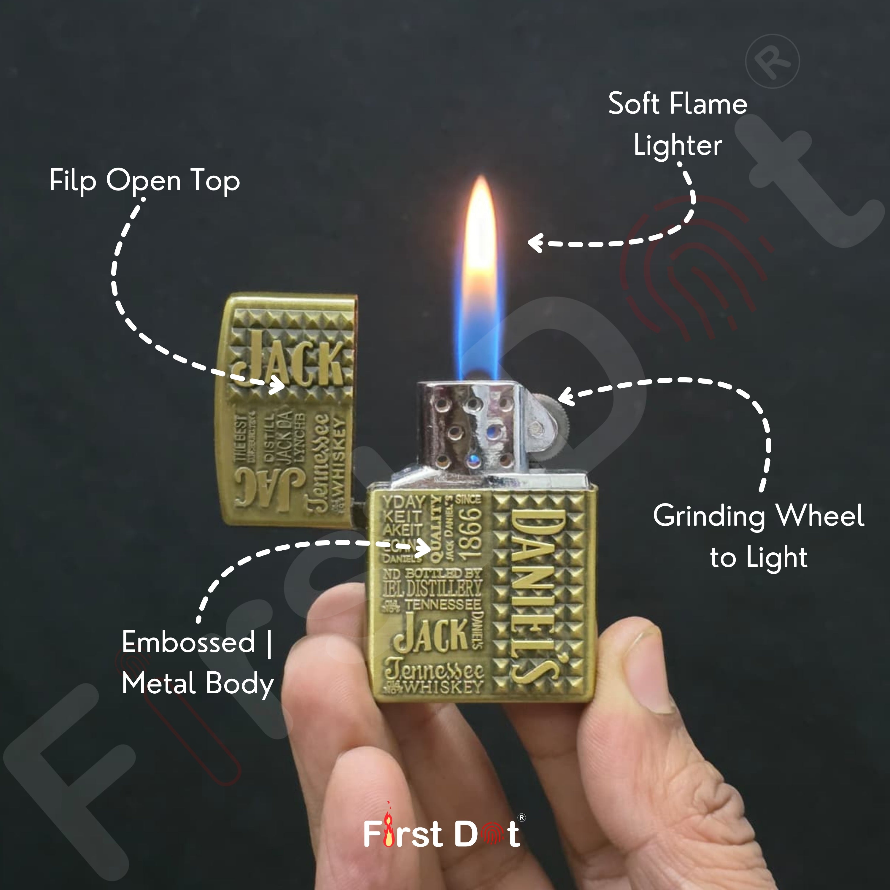 Gold lighter being held with labeled features on a dark background