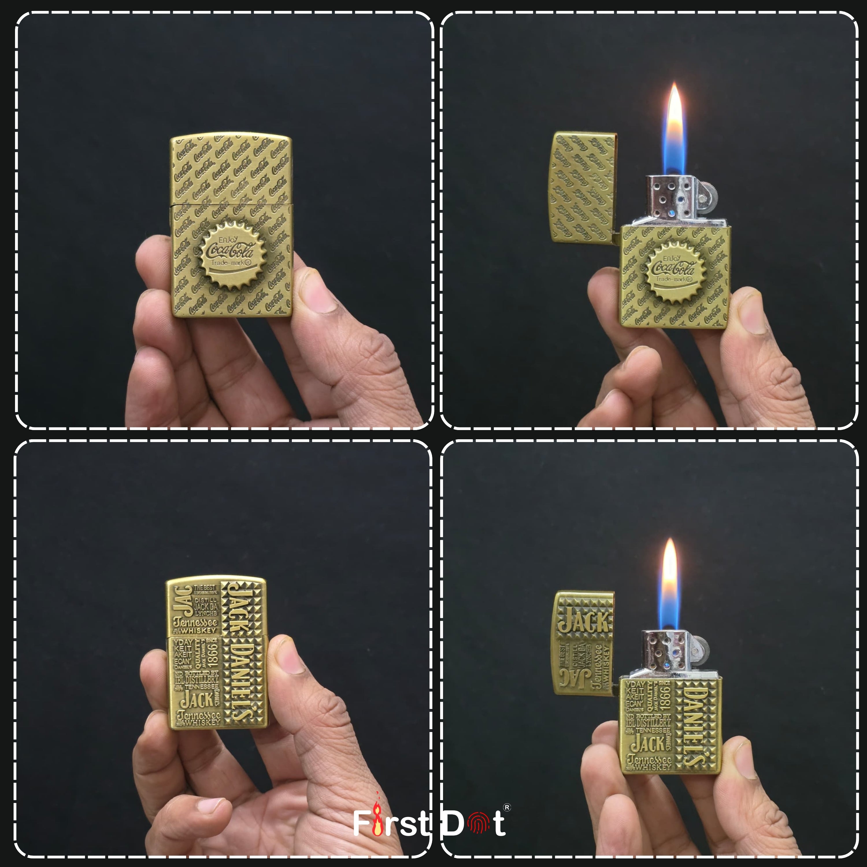 Gold lighter being held and lit against a black background