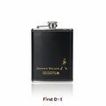 Black leather flask with Johnnie Walker logo on a white background