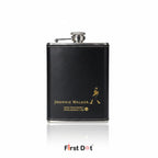 Black leather flask with Johnnie Walker logo on a white background