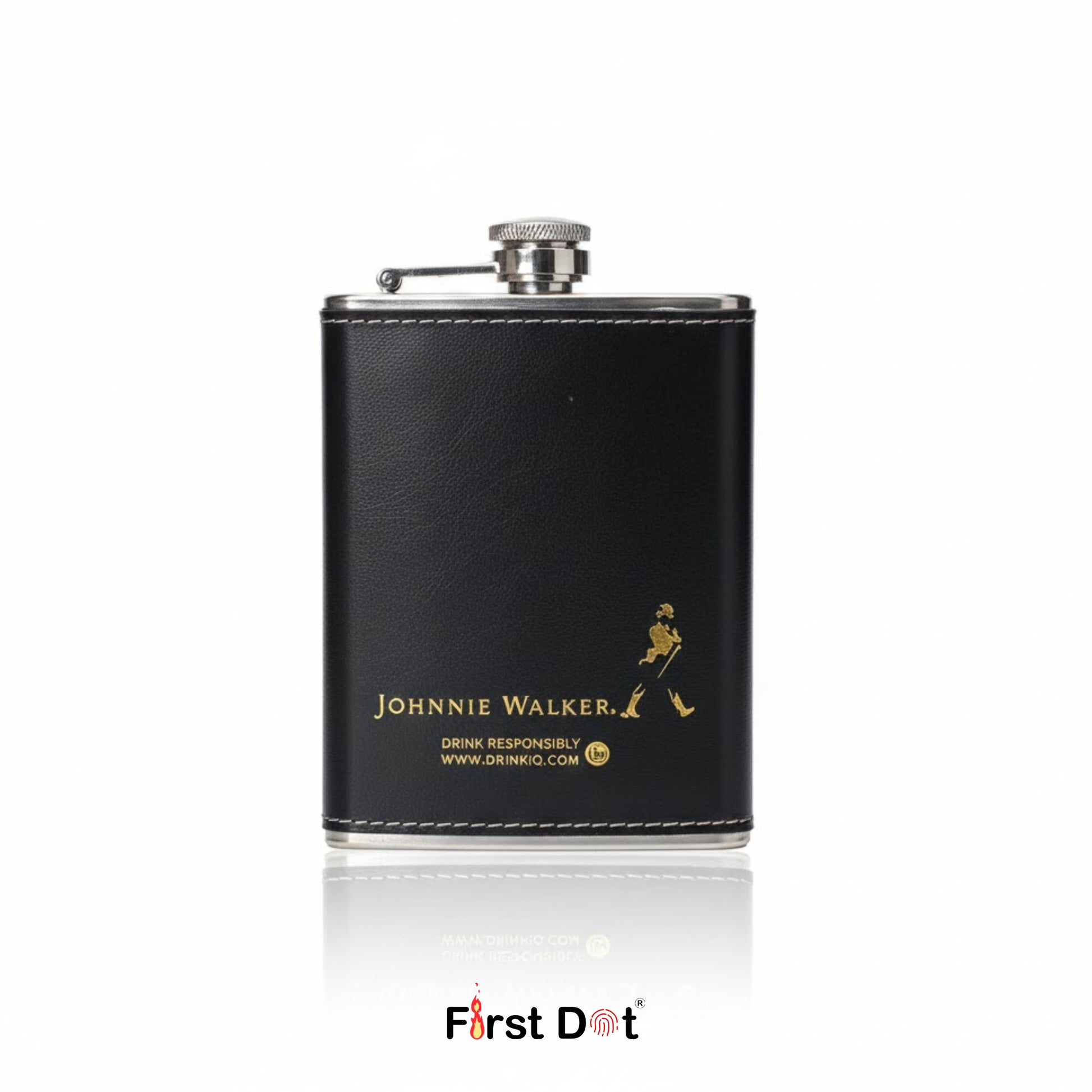 Black leather flask with Johnnie Walker logo on a white background