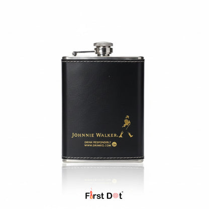 Black leather flask with Johnnie Walker logo on a white background