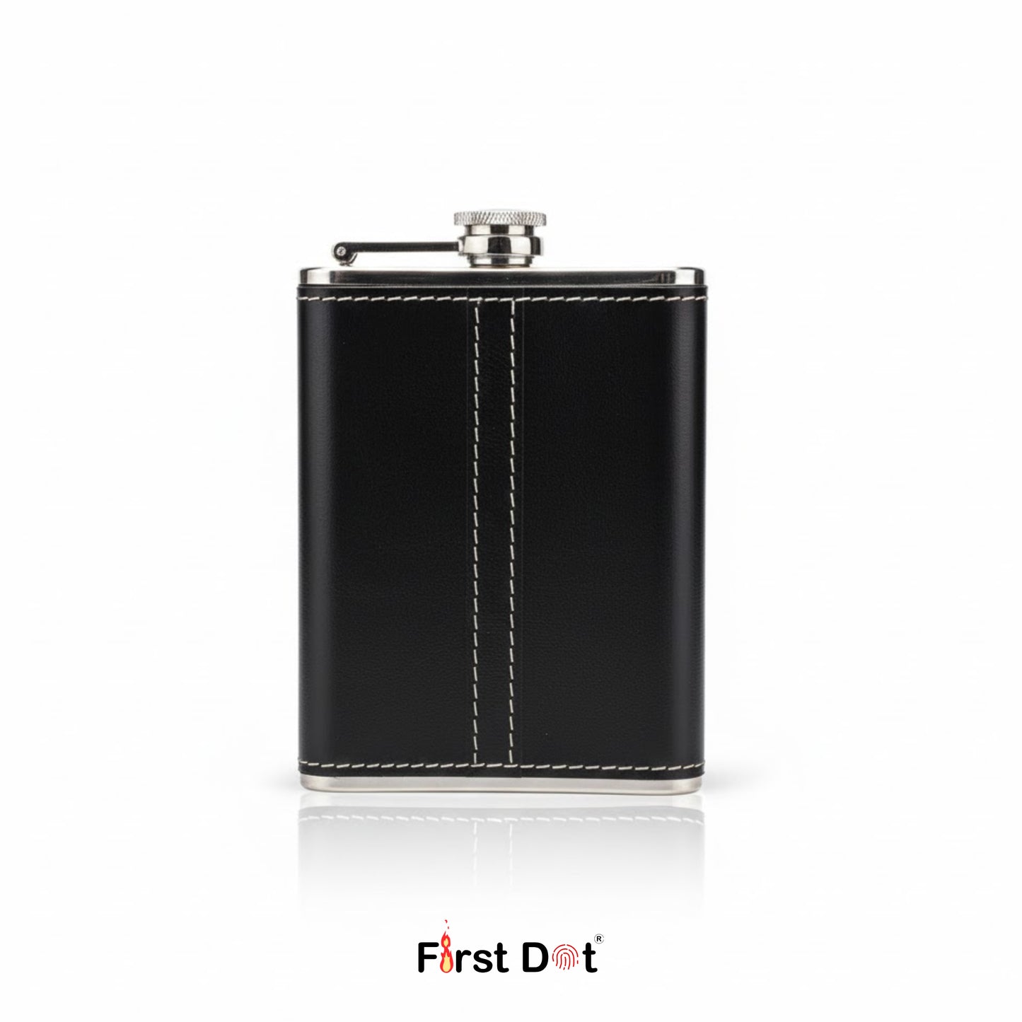 Johnnie Walker Black leather flask with silver clasp on a white background, branded 'First Dot'.