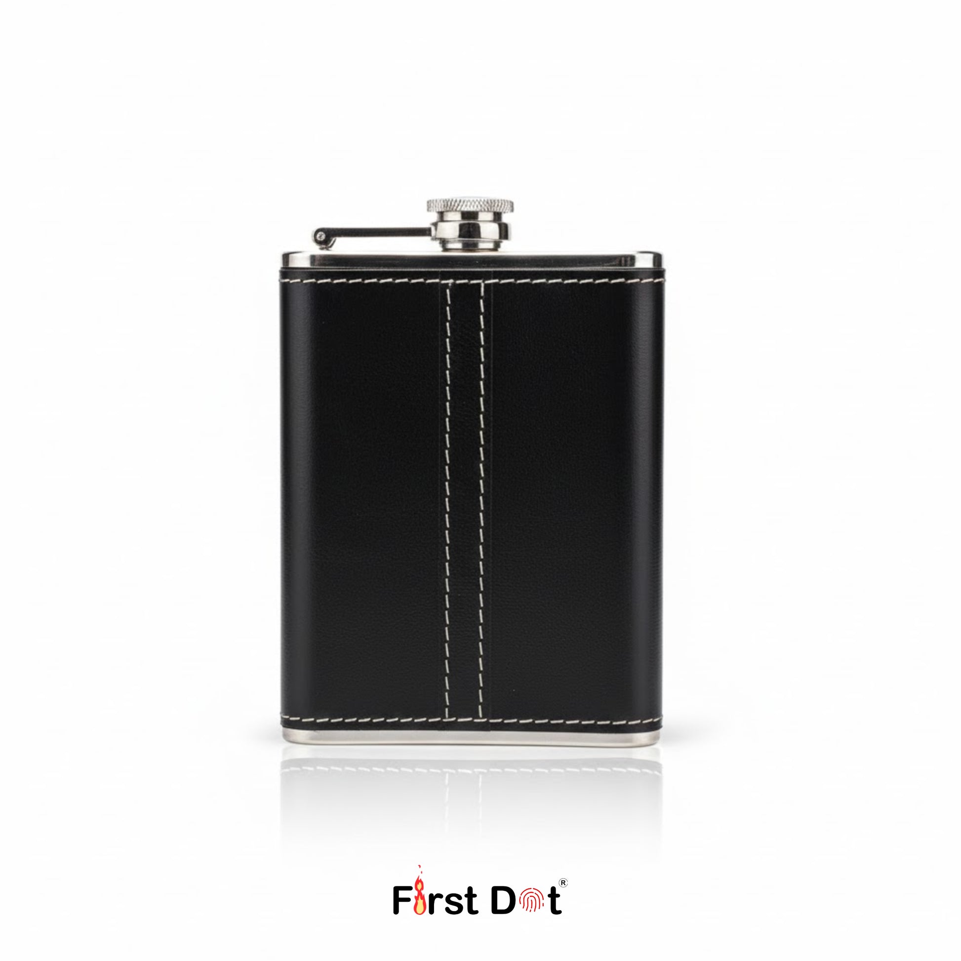 Johnnie Walker Black leather flask with silver clasp on a white background, branded 'First Dot'.