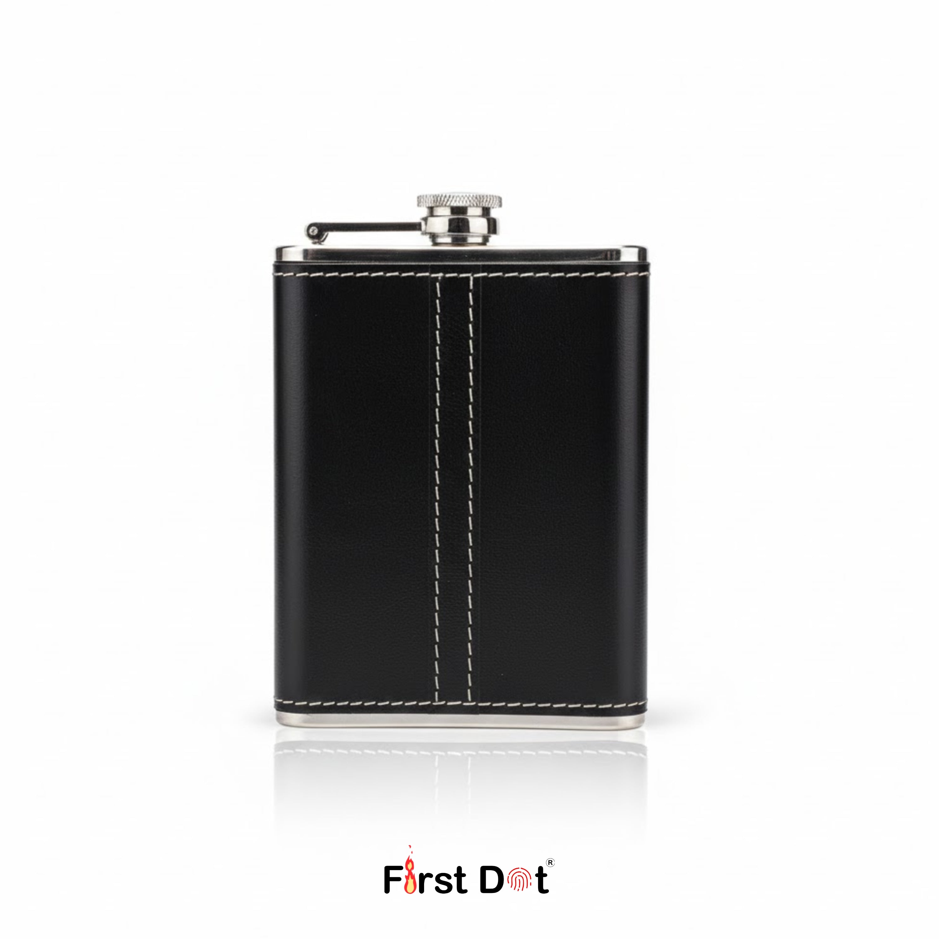 Johnnie Walker Black leather flask with silver clasp on a white background, branded 'First Dot'.
