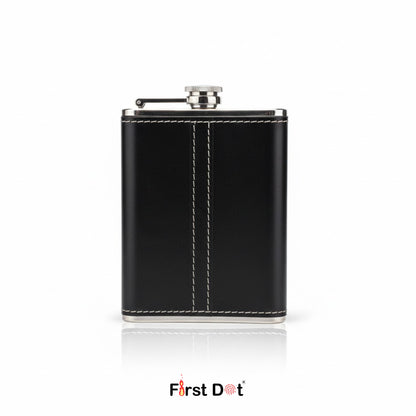 Johnnie Walker Black leather flask with silver clasp on a white background, branded 'First Dot'.