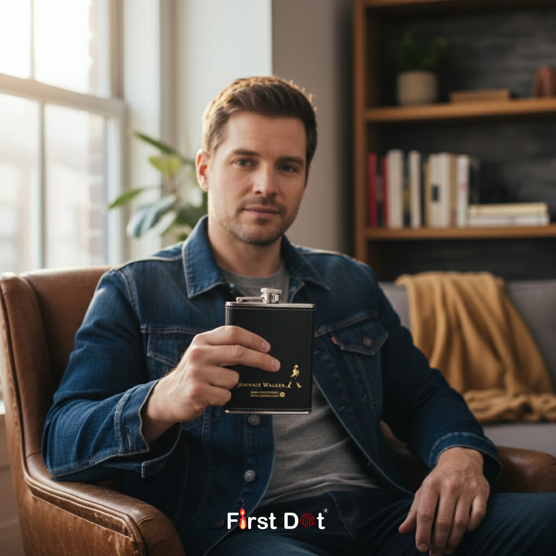 Man holding a Johnnie Walker black flask with 'First Dot' branding in a cozy indoor setting.