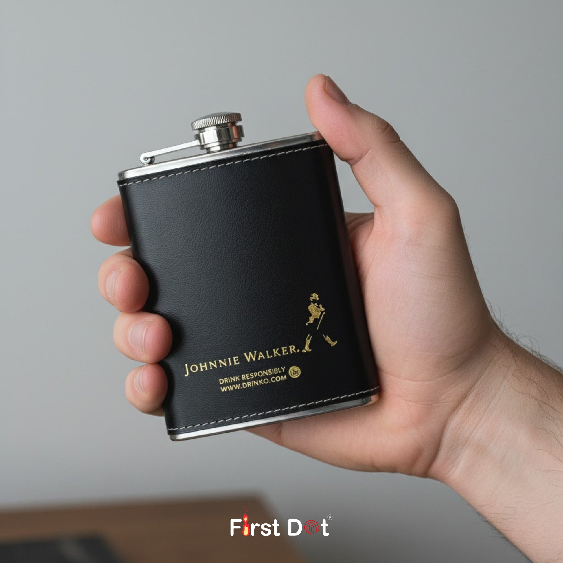 Hand holding a black Johnnie Walker flask against a gray background
