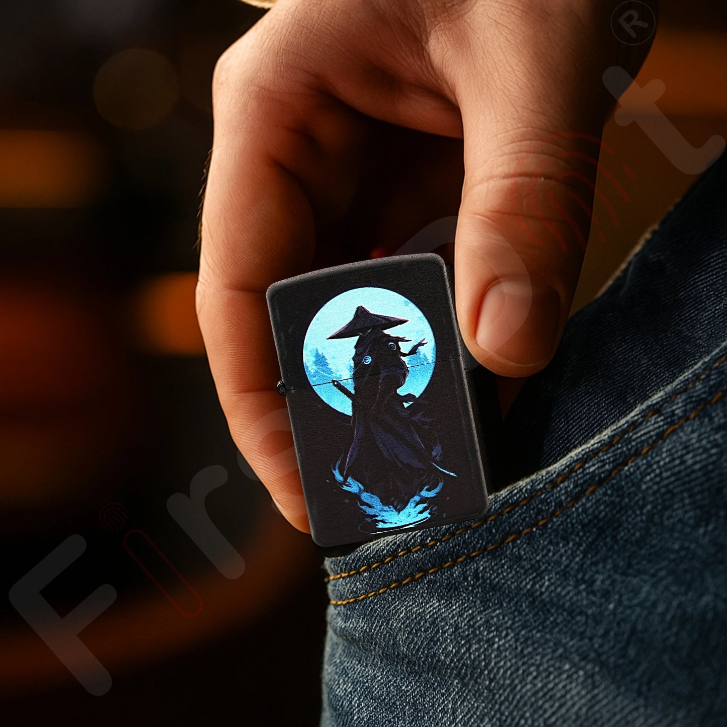 Hand holding a Blue Eye Samurai Premium Refillable Cigarette Lighter first dot 