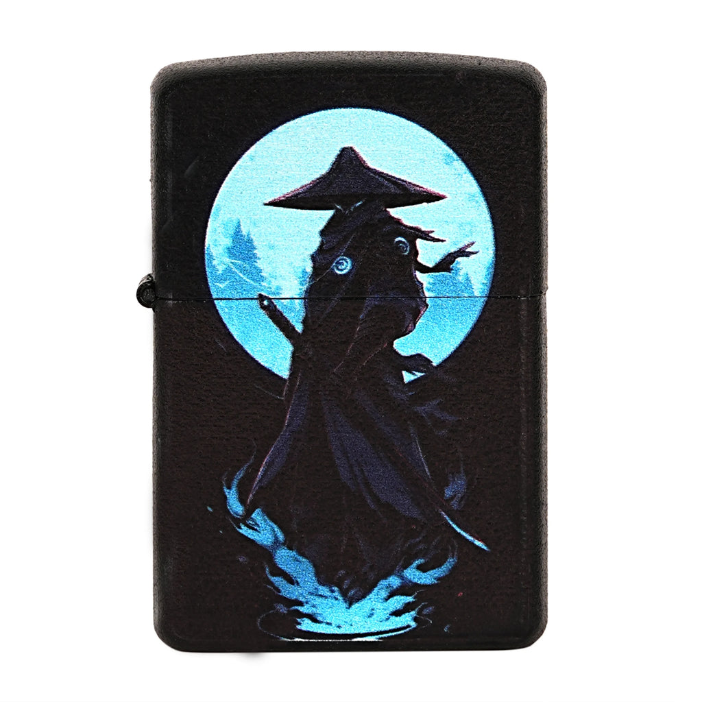 Lighter with a design of a character in a traditional outfit against a blue moonlit sky. Blue Eye Samurai Premium Refillable Cigarette Lighter first dot 