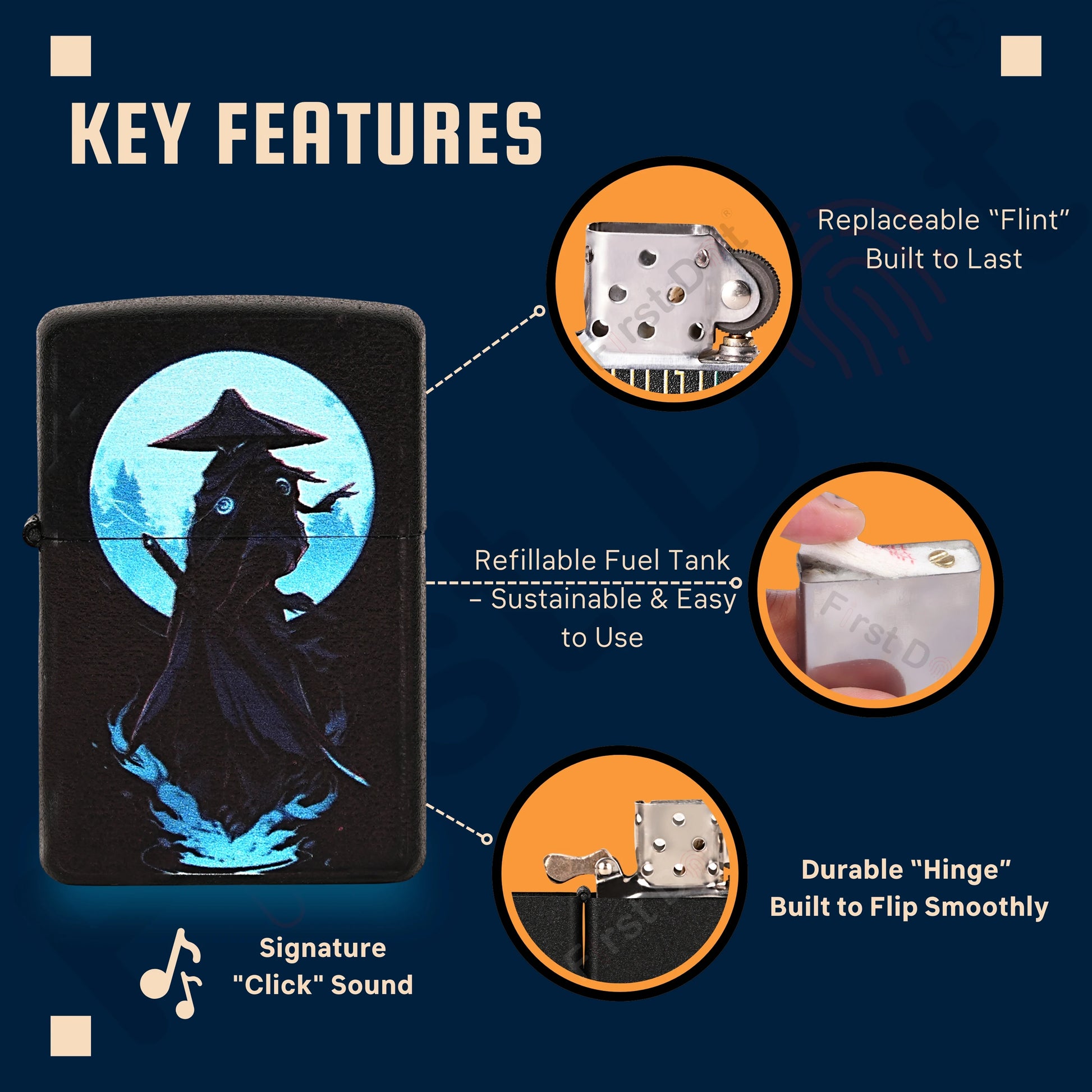 Lighter with key features highlighted on a dark blue background Blue Eye Samurai Premium Refillable Cigarette Lighter first dot 