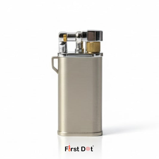 Metallic lighter with 'First Dot' branding on a white background