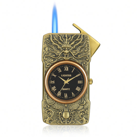 Close-up of First Dot's dragon-themed jet flame lighter with a built-in quartz watch and vintage bronze finish.