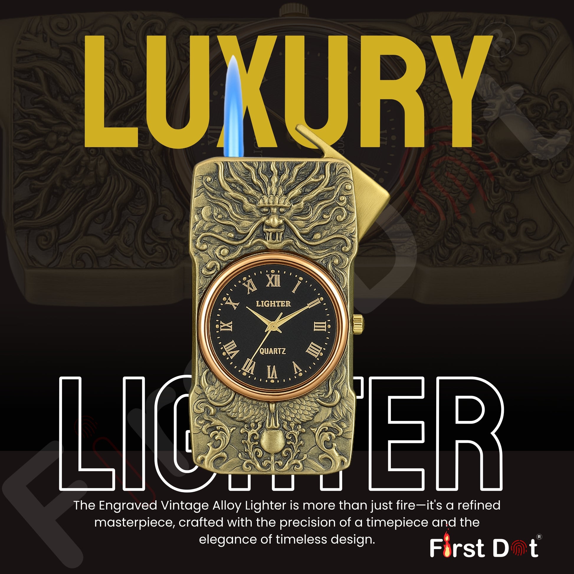Refillable butane lighter featuring intricate dragon carvings and a classic Roman numeral watch embedded in the body.
