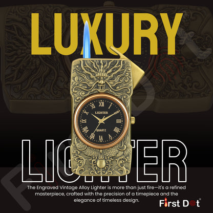 Refillable butane lighter featuring intricate dragon carvings and a classic Roman numeral watch embedded in the body.
