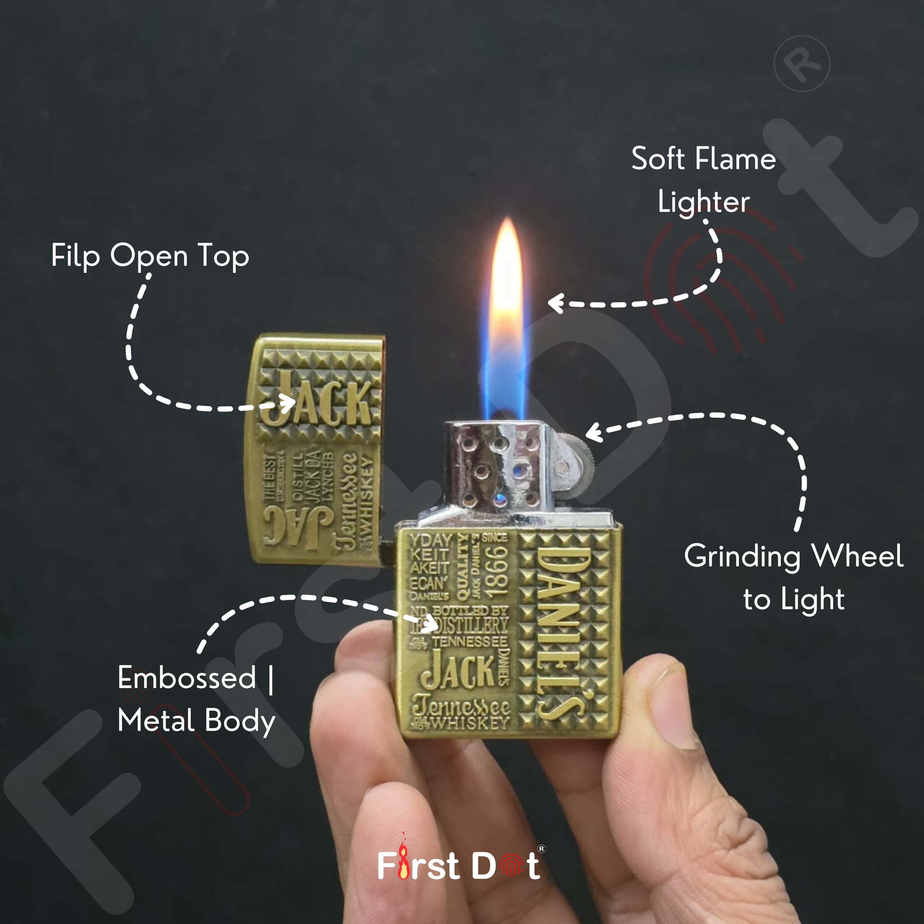 Gold lighter with 'Jack Daniel's' branding being lit, held by a hand against a dark background.