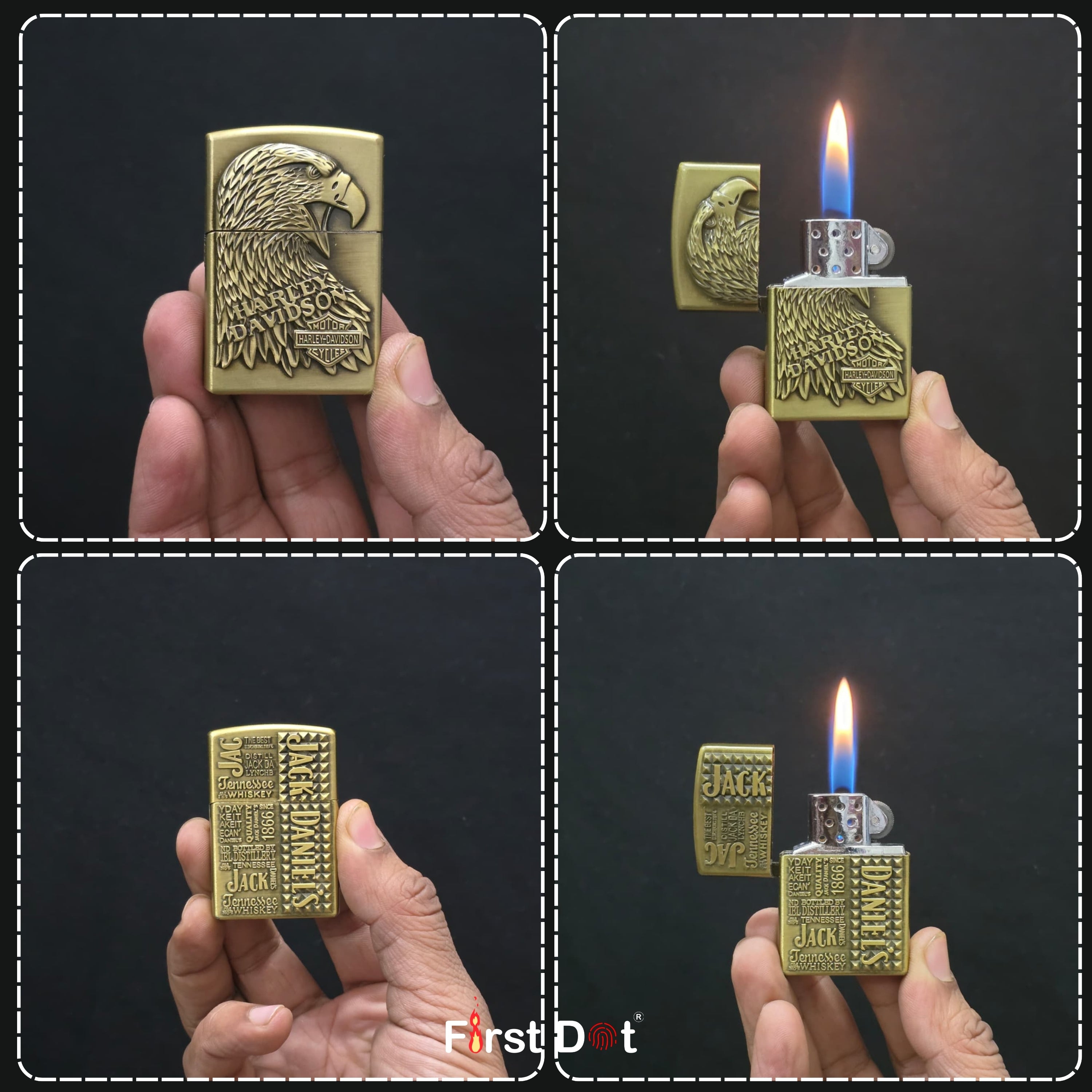 Gold lighter with eagle design held by a hand, showing different angles and being lit.