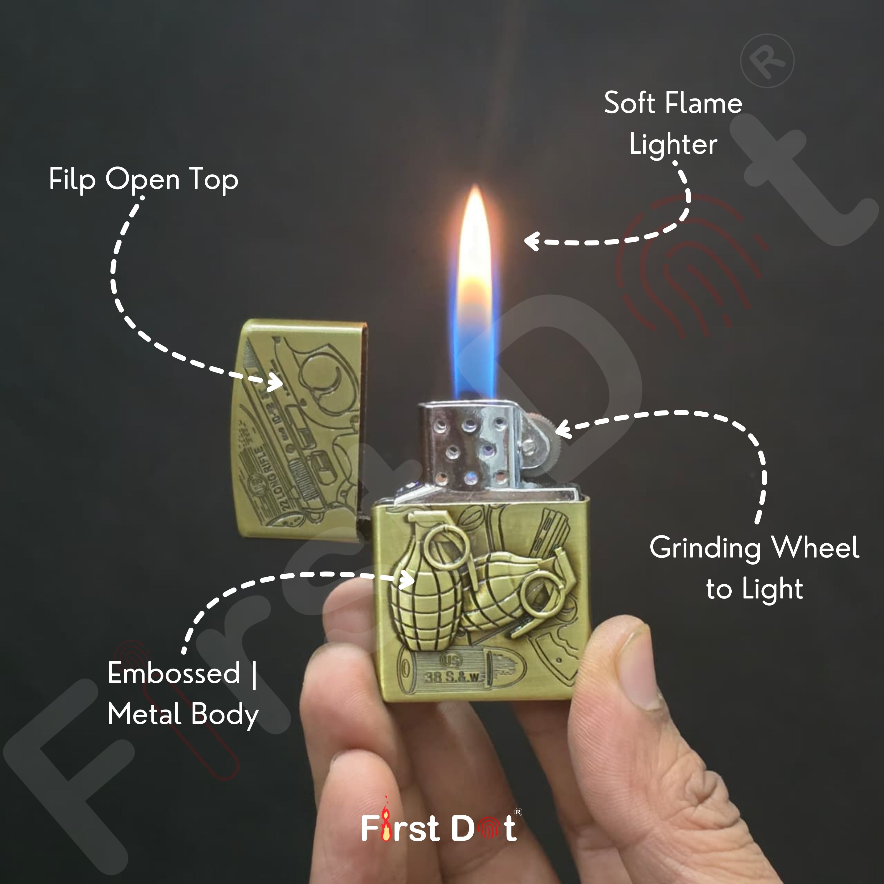 Gold lighter being held with features labeled on a dark background