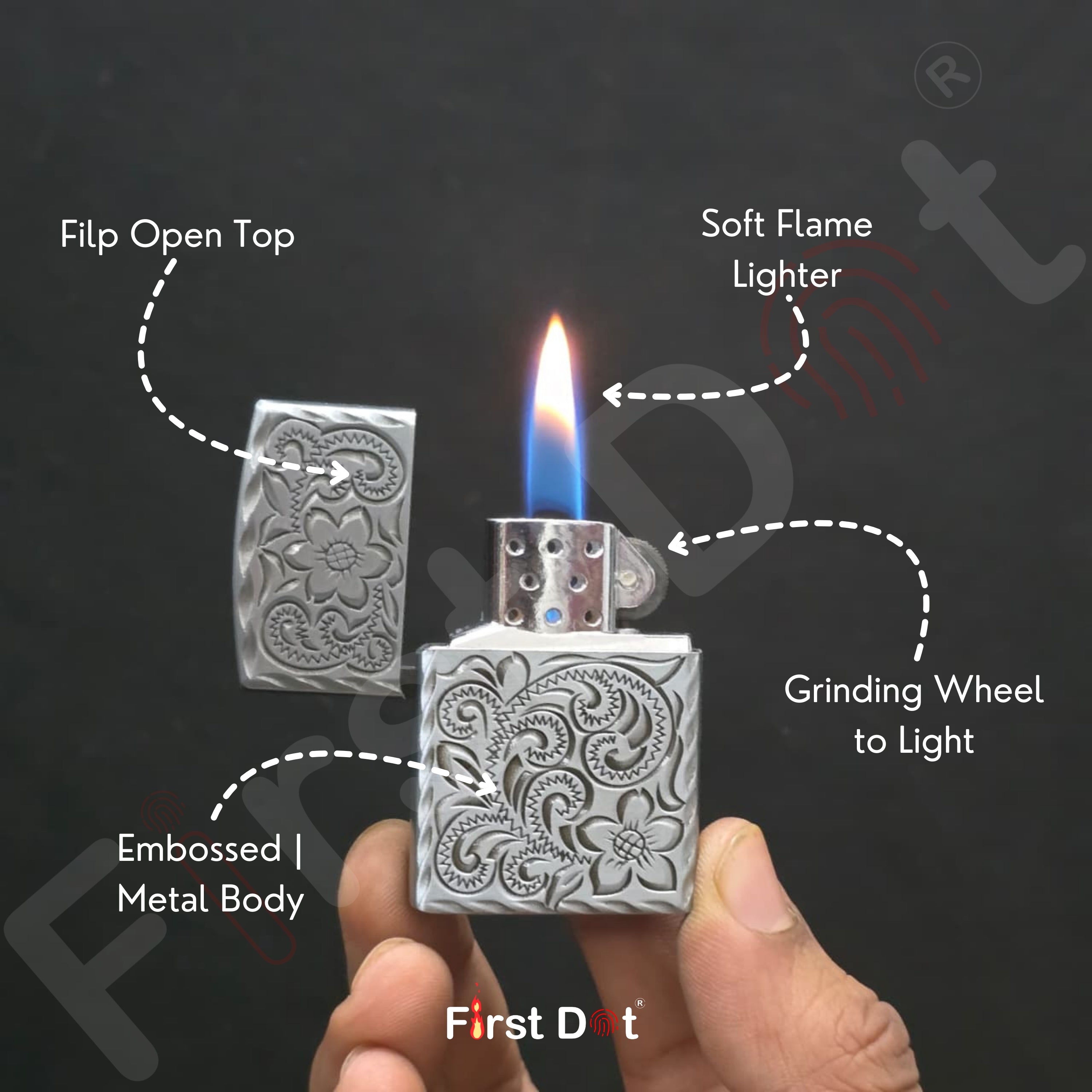 Decorative lighter being held with features labeled on a dark background