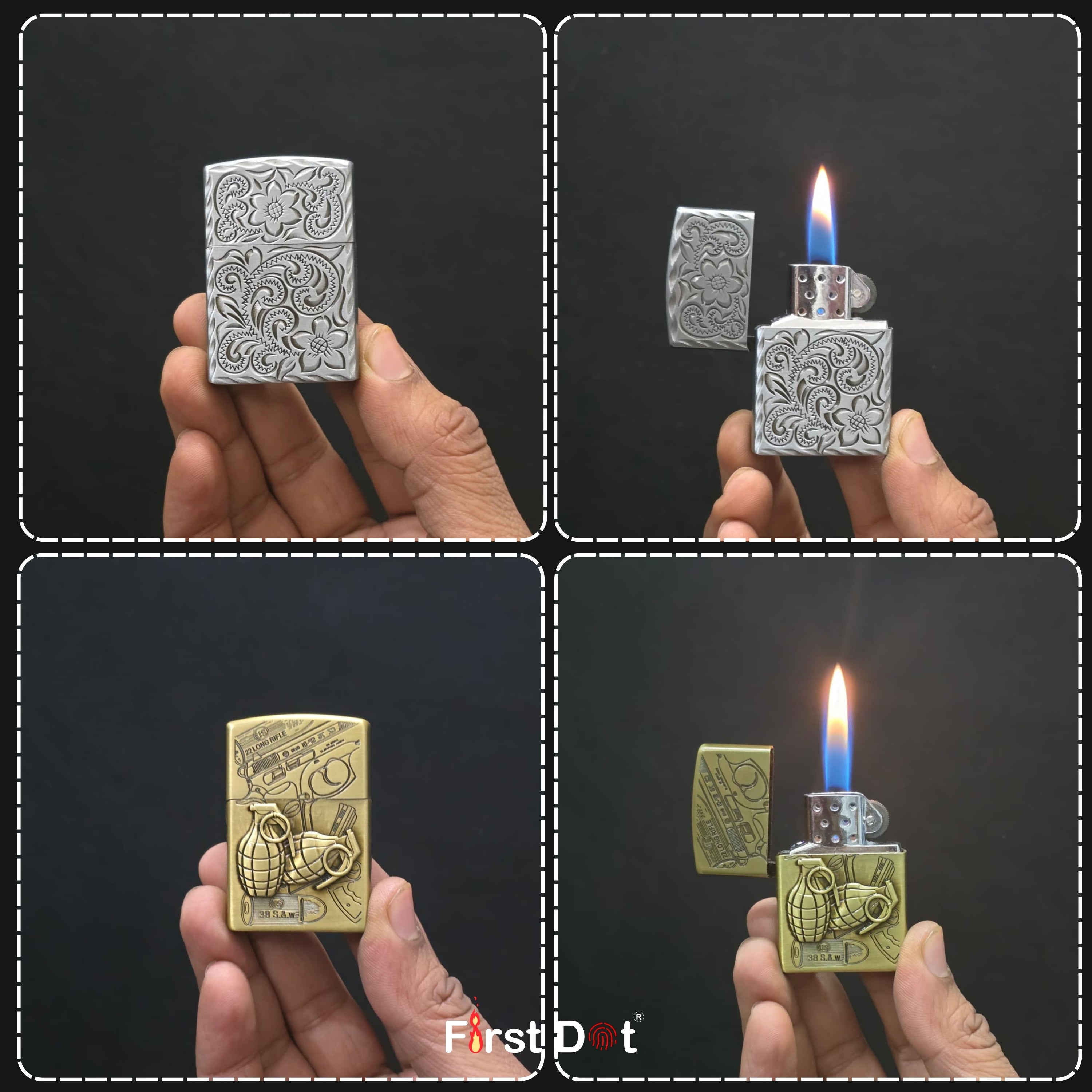 Four views of a decorative lighter being held and lit against a black background, with 'FirstDot' branding.