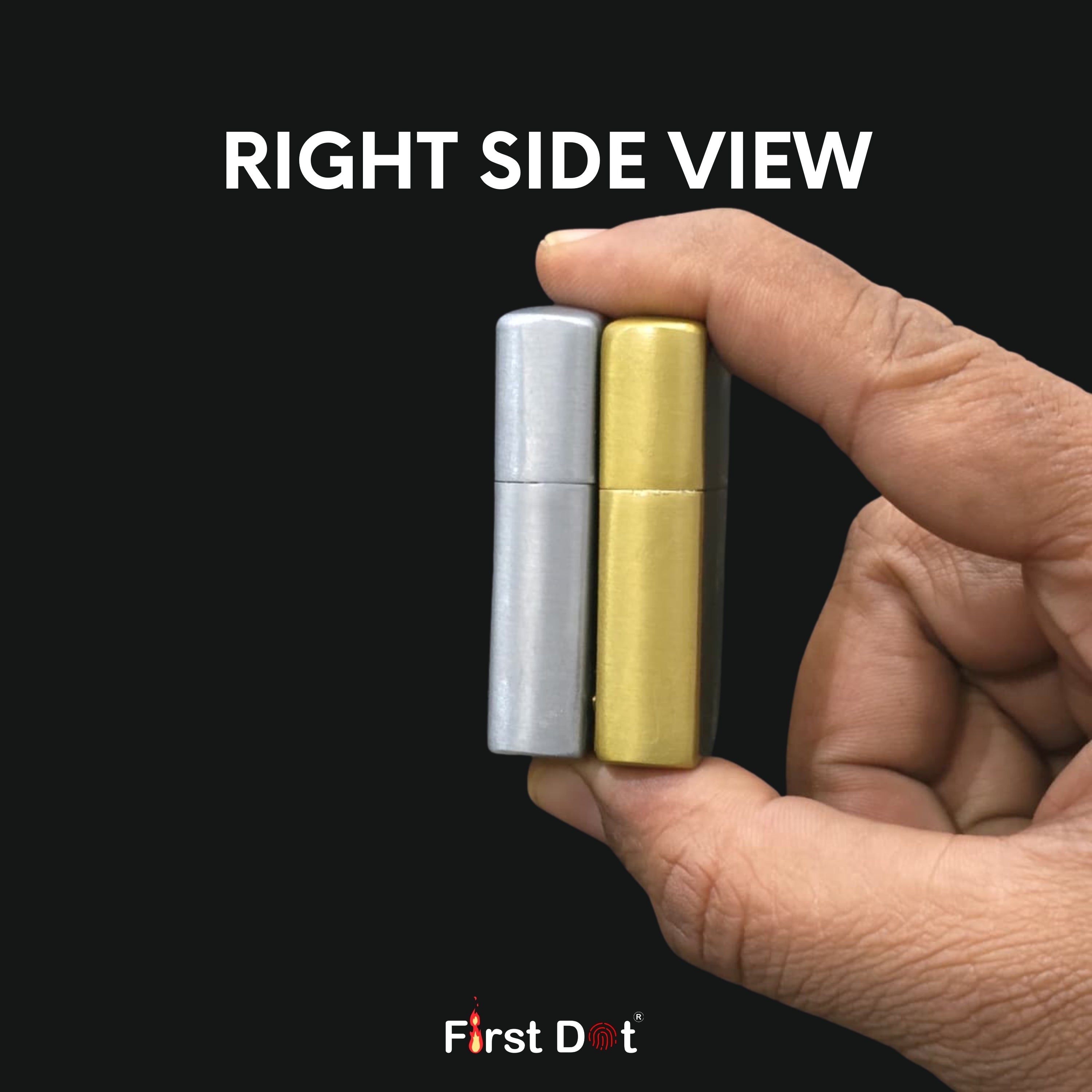 Hand holding two small cylindrical objects, one silver and one gold, with 'First Dot' branding.