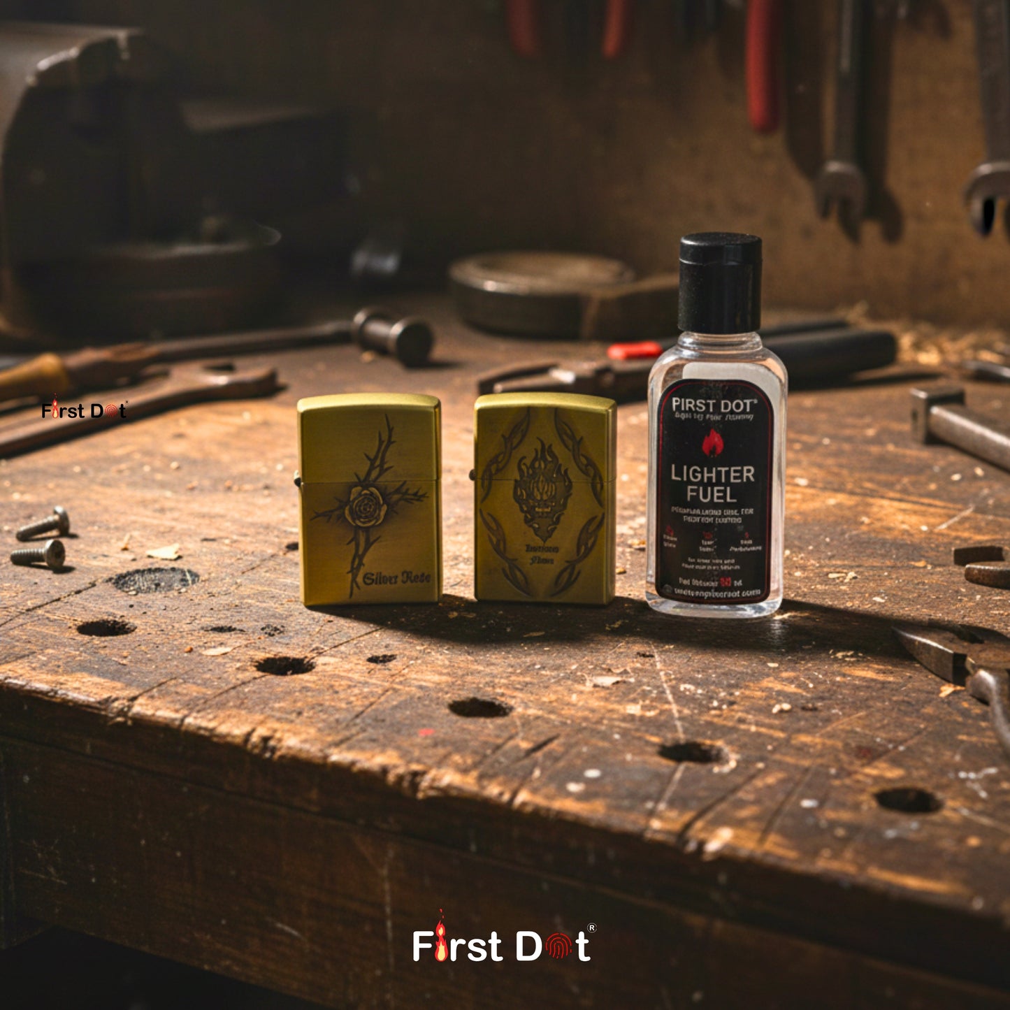 Two yellow lighters and a bottle of lighter fuel on a wooden surface with tools in the background, featuring 'First Dot' branding.