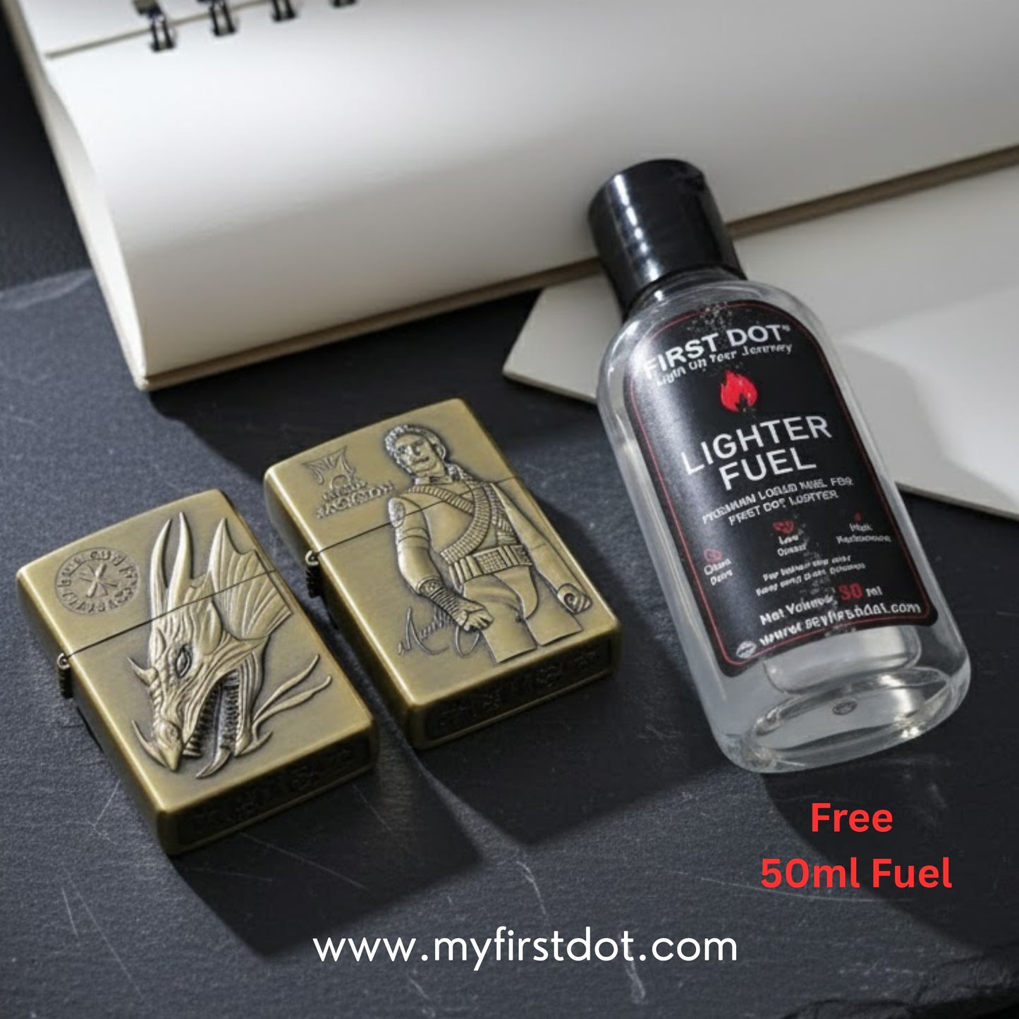 Combo of 2 Embossed Metal Cigarette Lighters + Free 50ml Fuel
