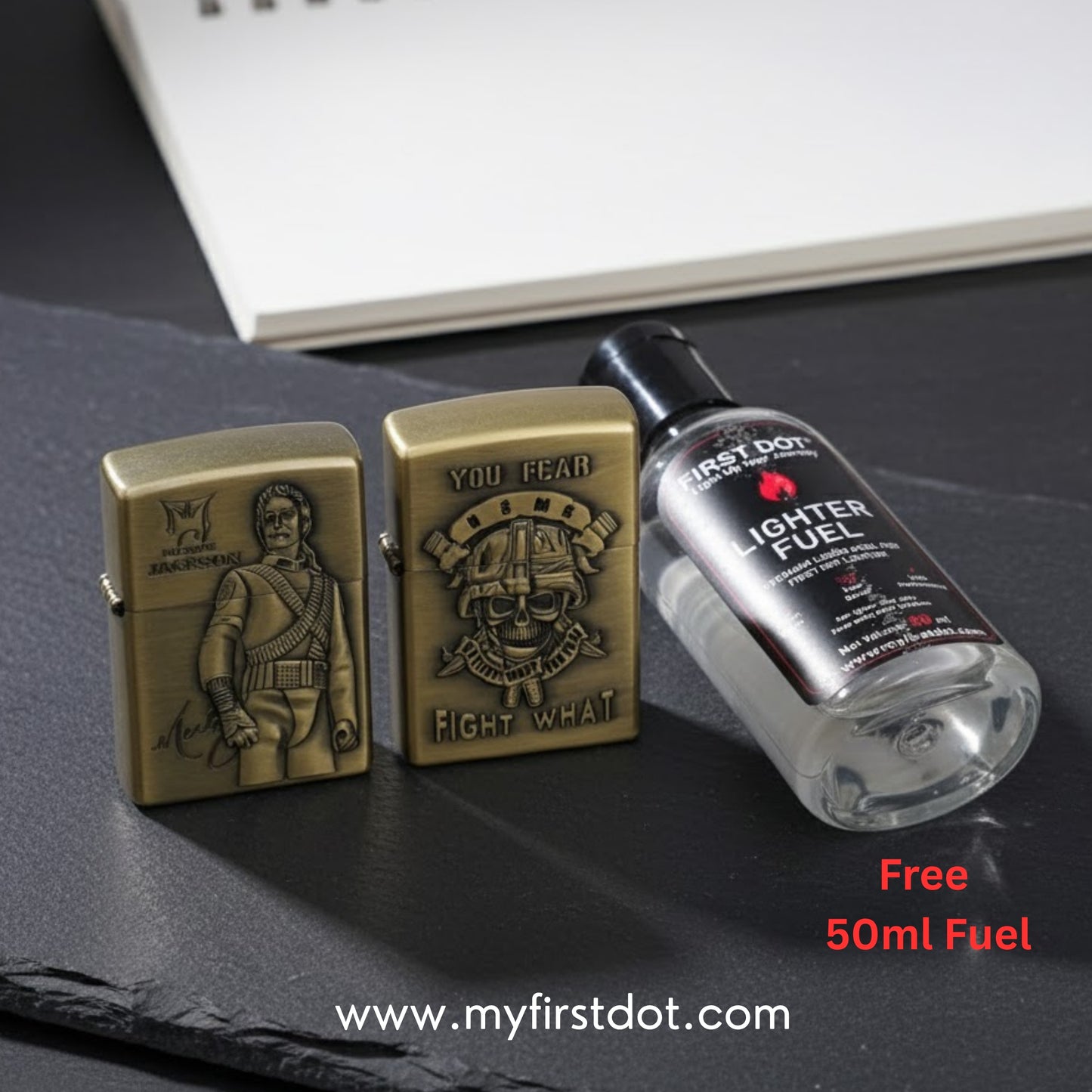 Combo of 2 Embossed Metal Cigarette Lighters + Free 50ml Fuel