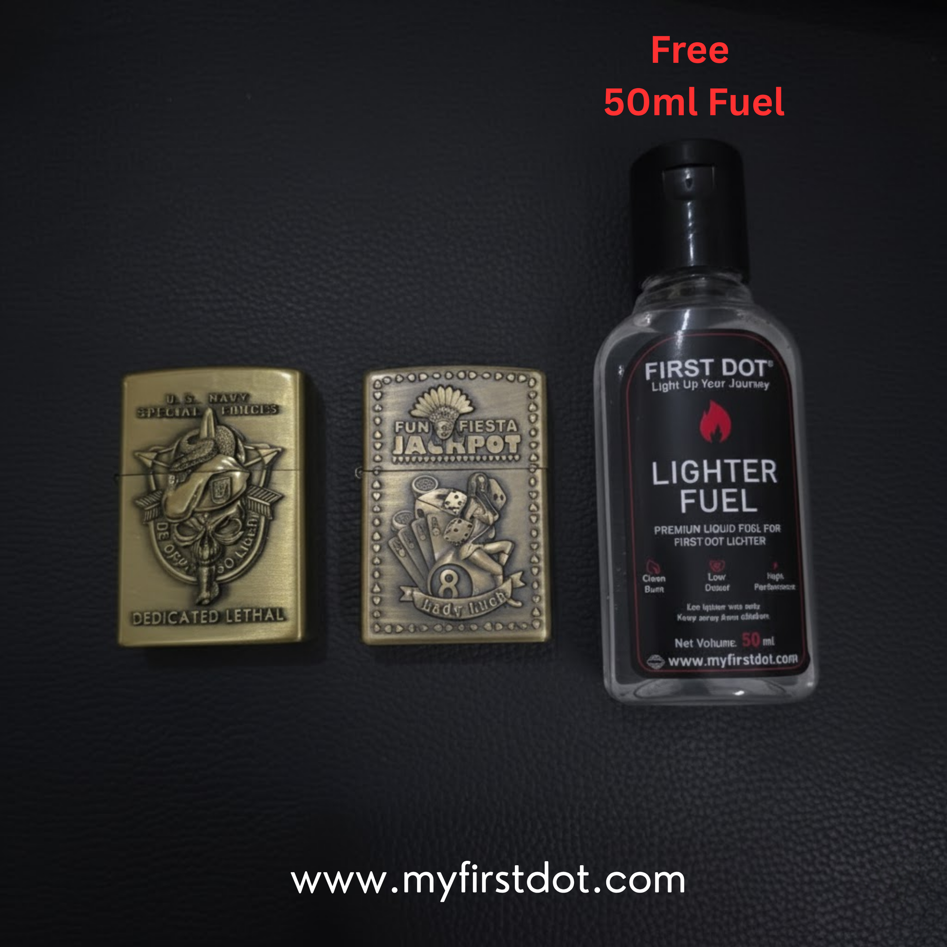 Two lighters and a bottle of First Dot lighter fuel on a dark background with promotional text.