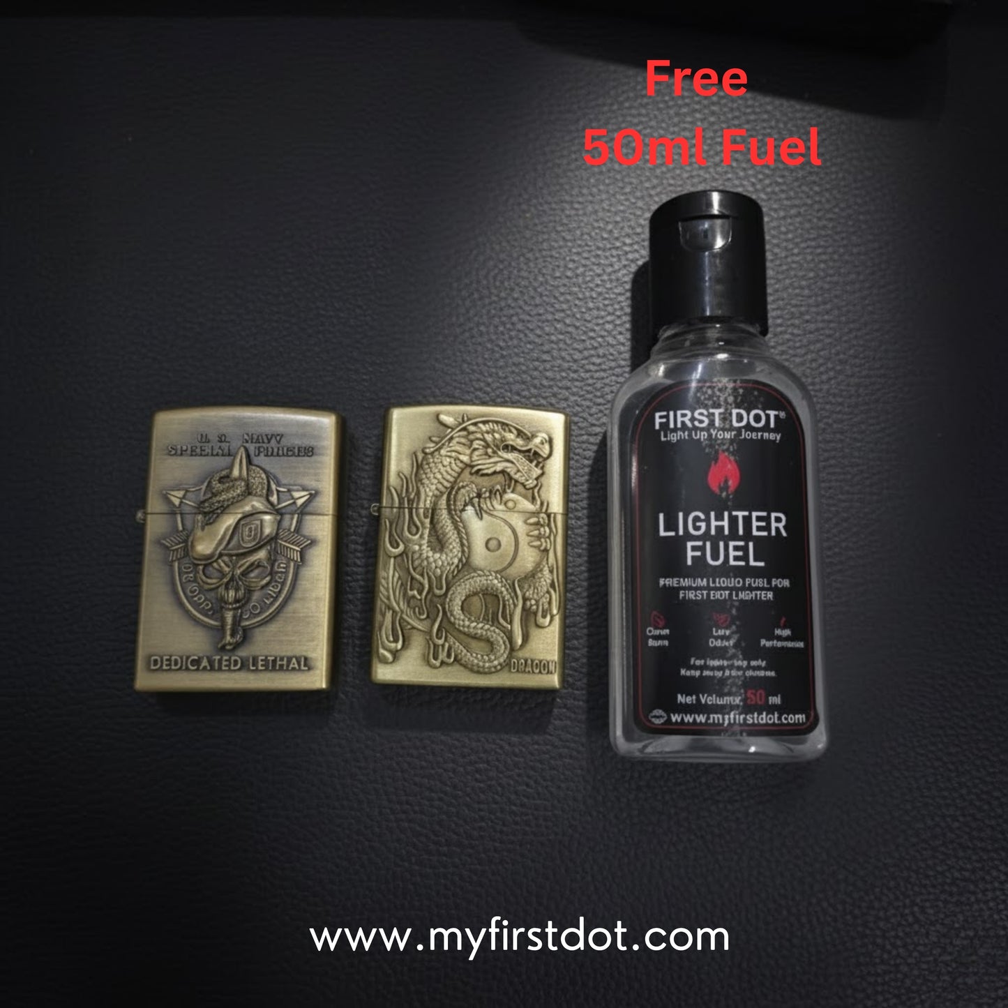 Combo of 2 Embossed Metal Cigarette Lighters + Free 50ml Fuel