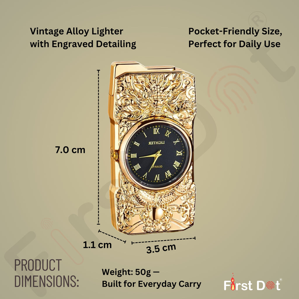 Sleek silver gas lighter featuring watch dial and windproof jet flame nozzle.