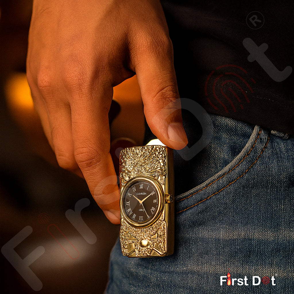 Close-up of luxury metal watch lighter placed on white background