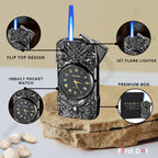 Sleek silver gas lighter featuring watch dial and windproof jet flame