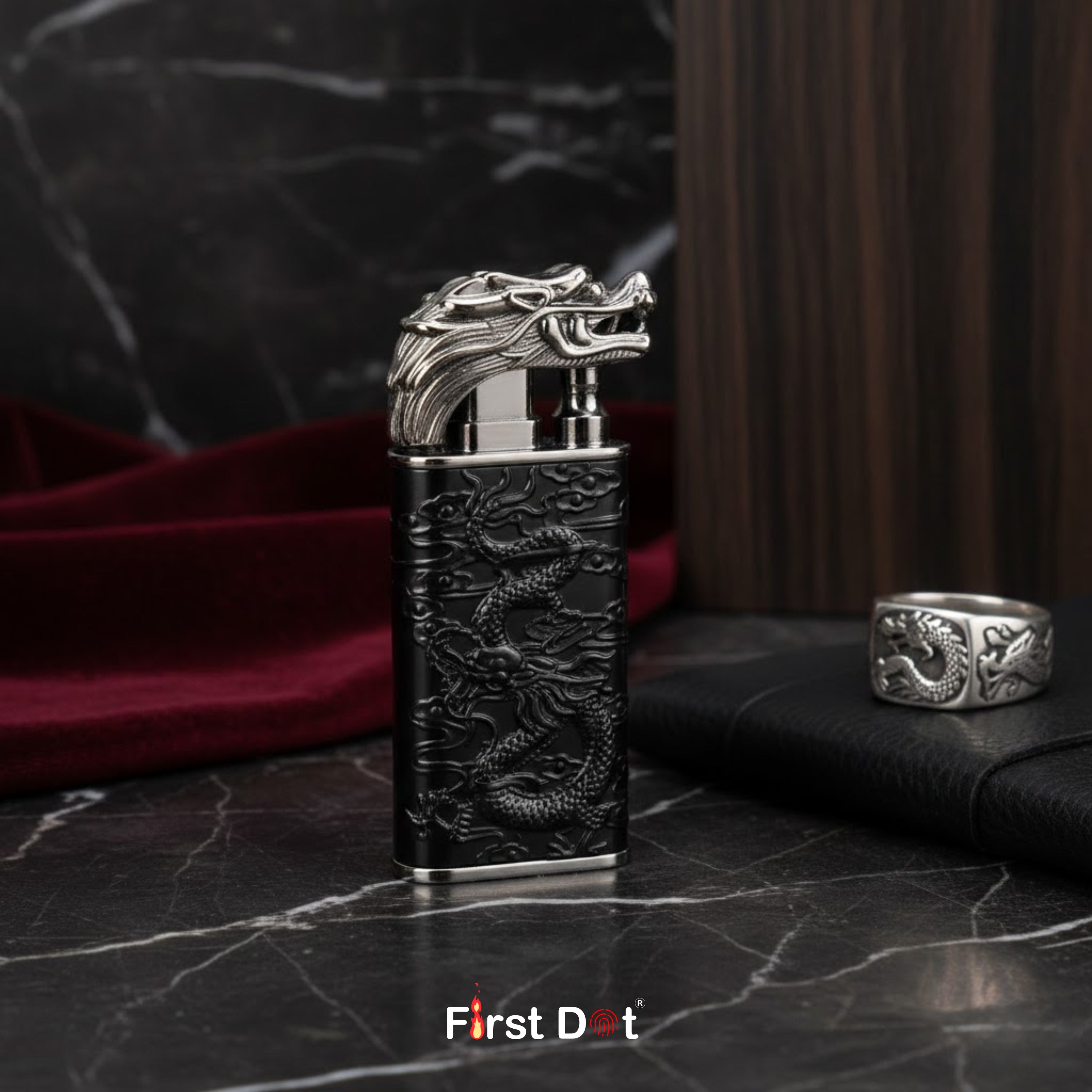 Dragon Engraved Dual Flame Wind-Resistant Metal Lighter (Black)