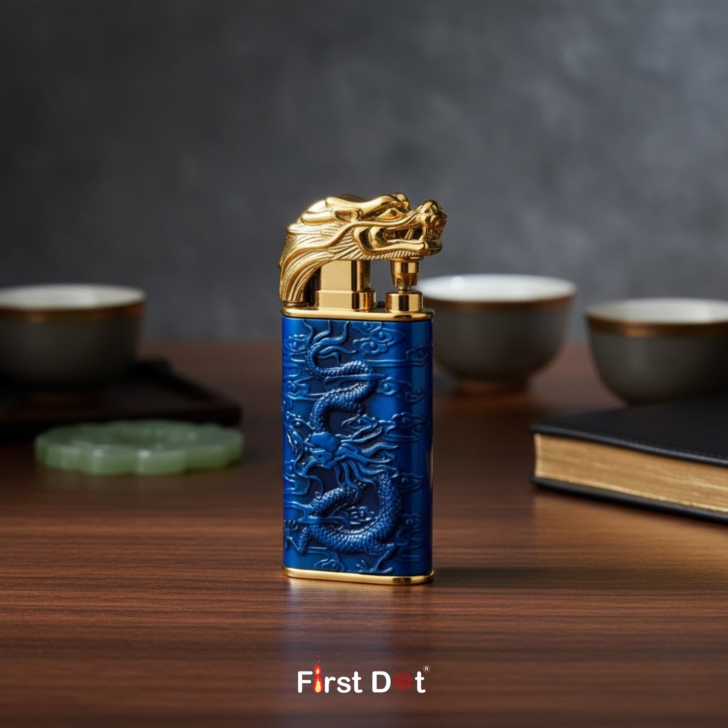 Dragon Engraved Dual Flame Wind-Resistant Metal Lighter (Blue)