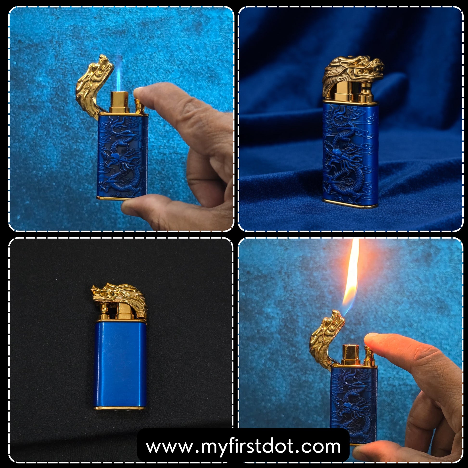 Blue lighter with gold dragon design being lit on a blue fabric background