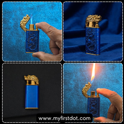 Blue lighter with gold dragon design being lit on a blue fabric background