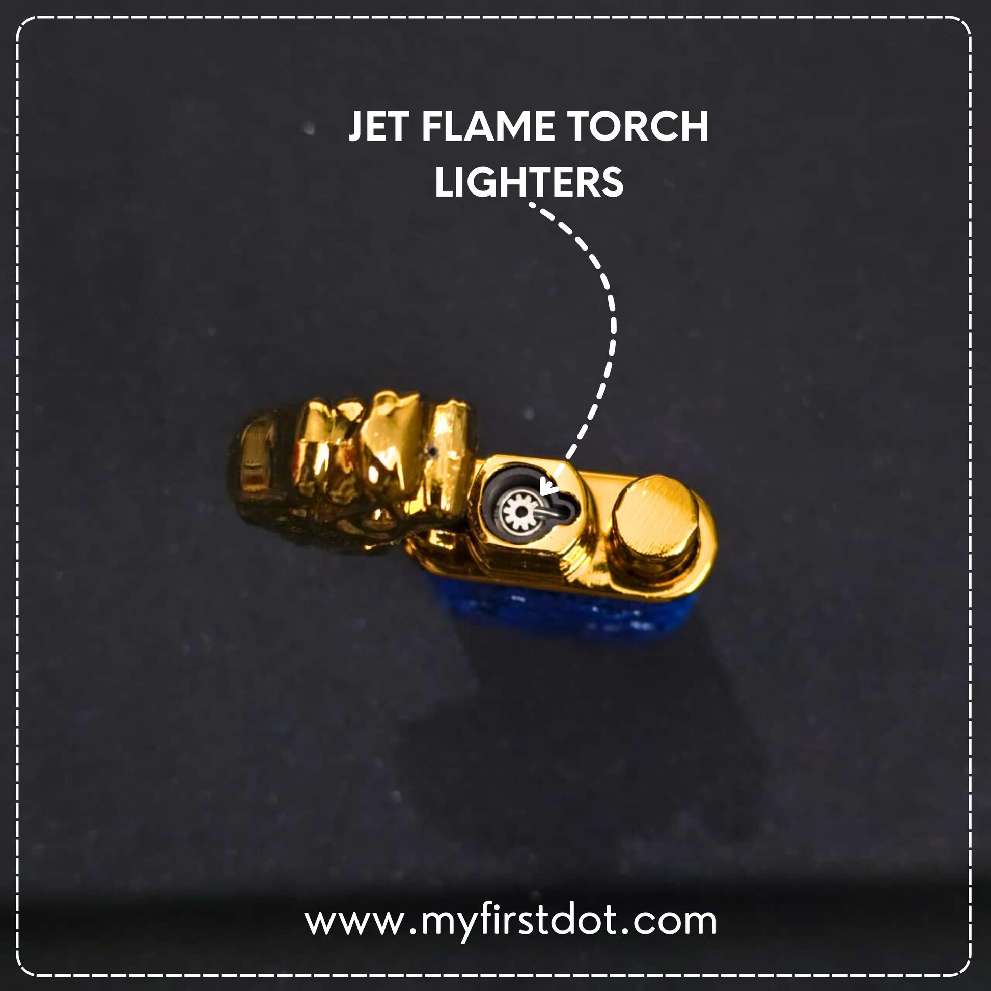 Gold jet flame torch lighter on a dark background with text and website URL.
