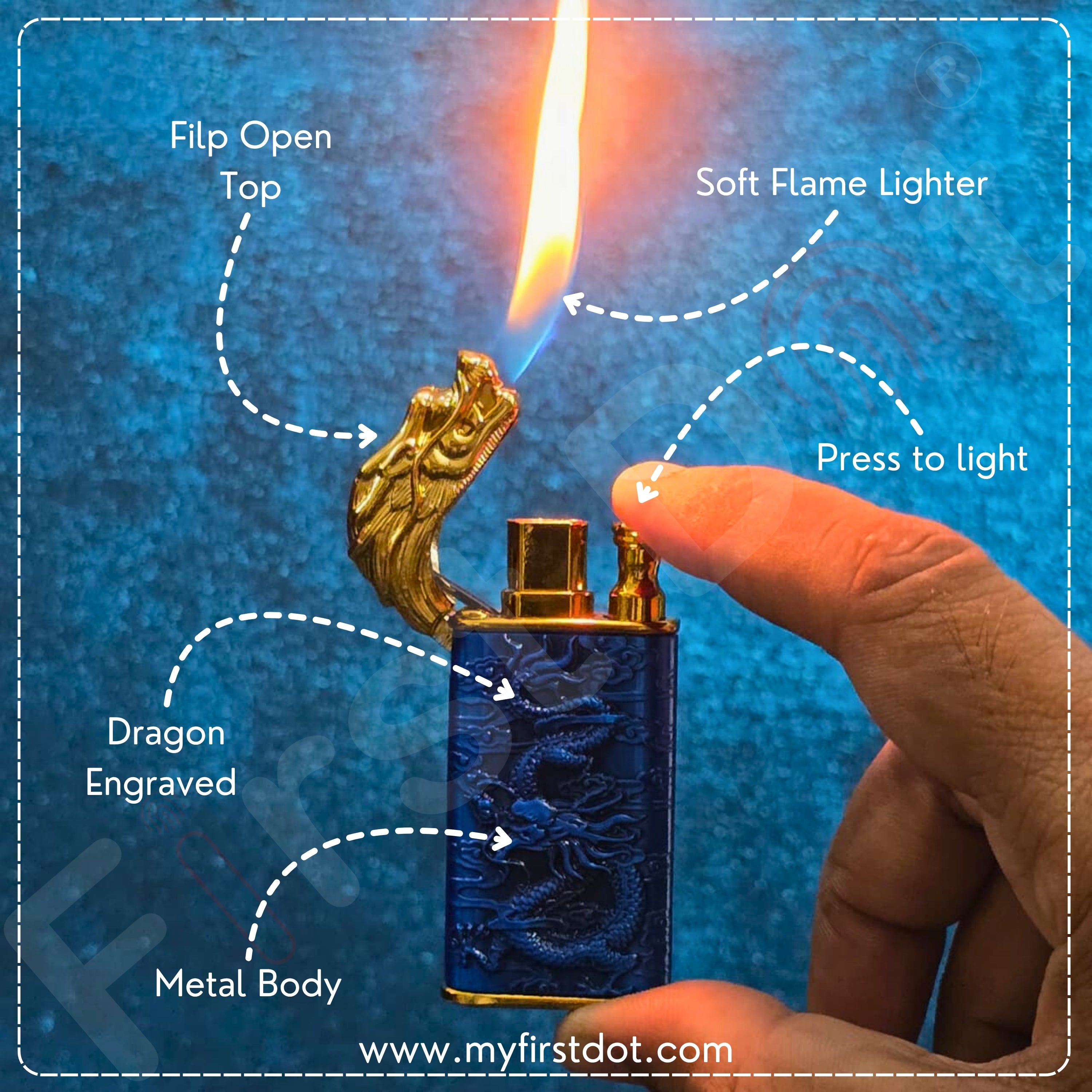 Blue lighter with dragon engraving being lit against a blue background, labeled with features.