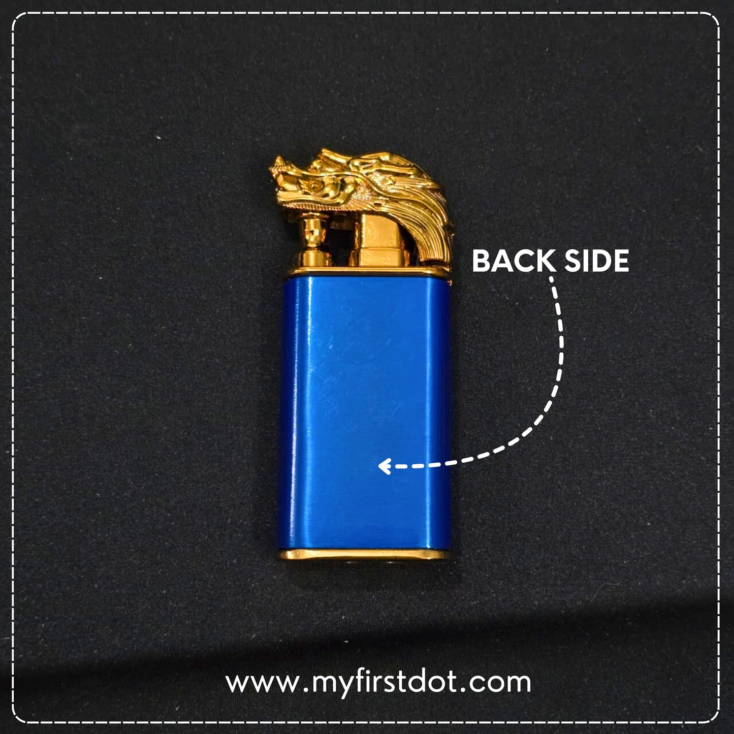 Blue lighter with gold dragon design on the back side, labeled 'Back Side', on a black background.