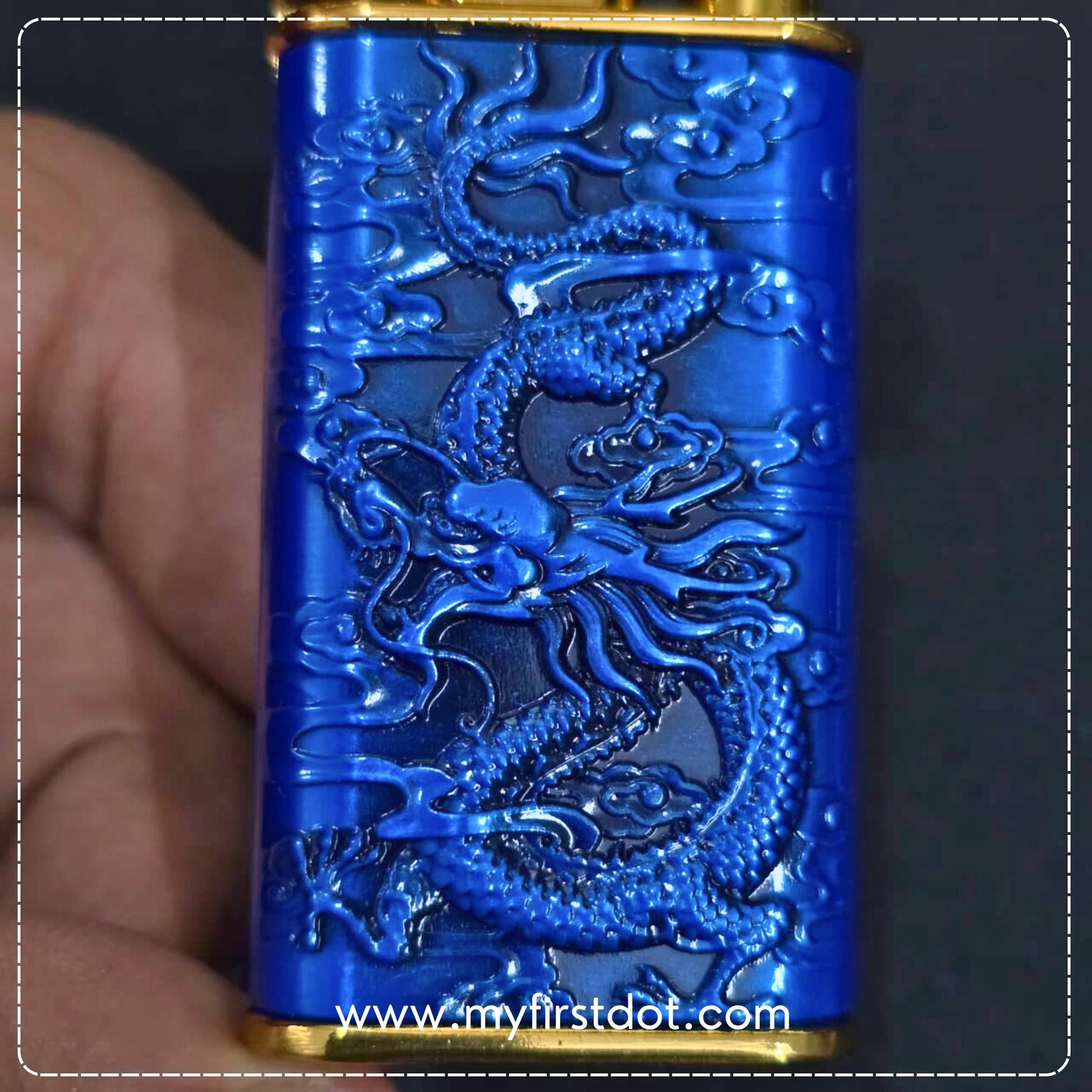 Blue lighter with dragon design held by a hand, brand 'myfirstdot' visible