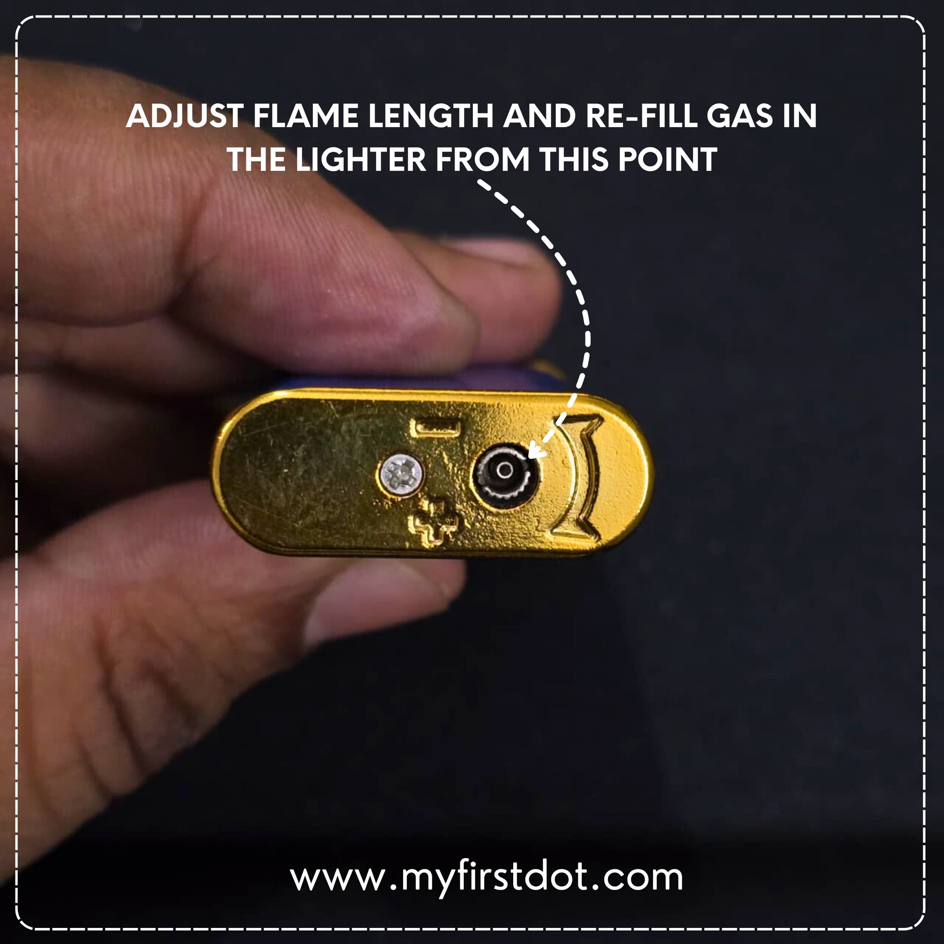 Gold lighter with instructions on adjusting flame length and refilling gas, held by a hand.